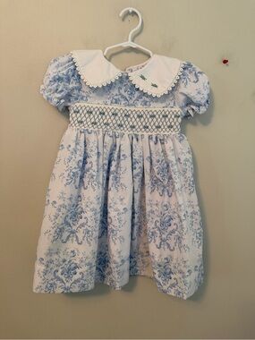 Busy Bees Smocks Blue Toile Smocked Peter Pan Collar Kids Dress